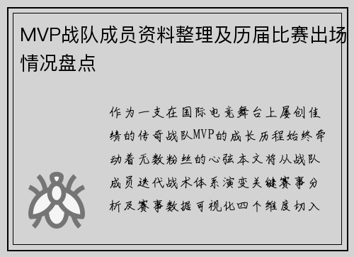 MVP战队成员资料整理及历届比赛出场情况盘点